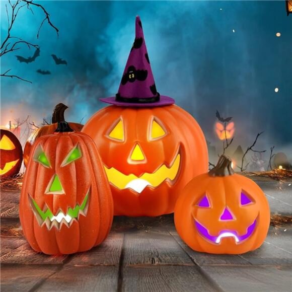 Halloween LED Jack-O-Lantern Lights with Purple Bat Hat, Color-Changing Pumpkin - Picture 1 of 8